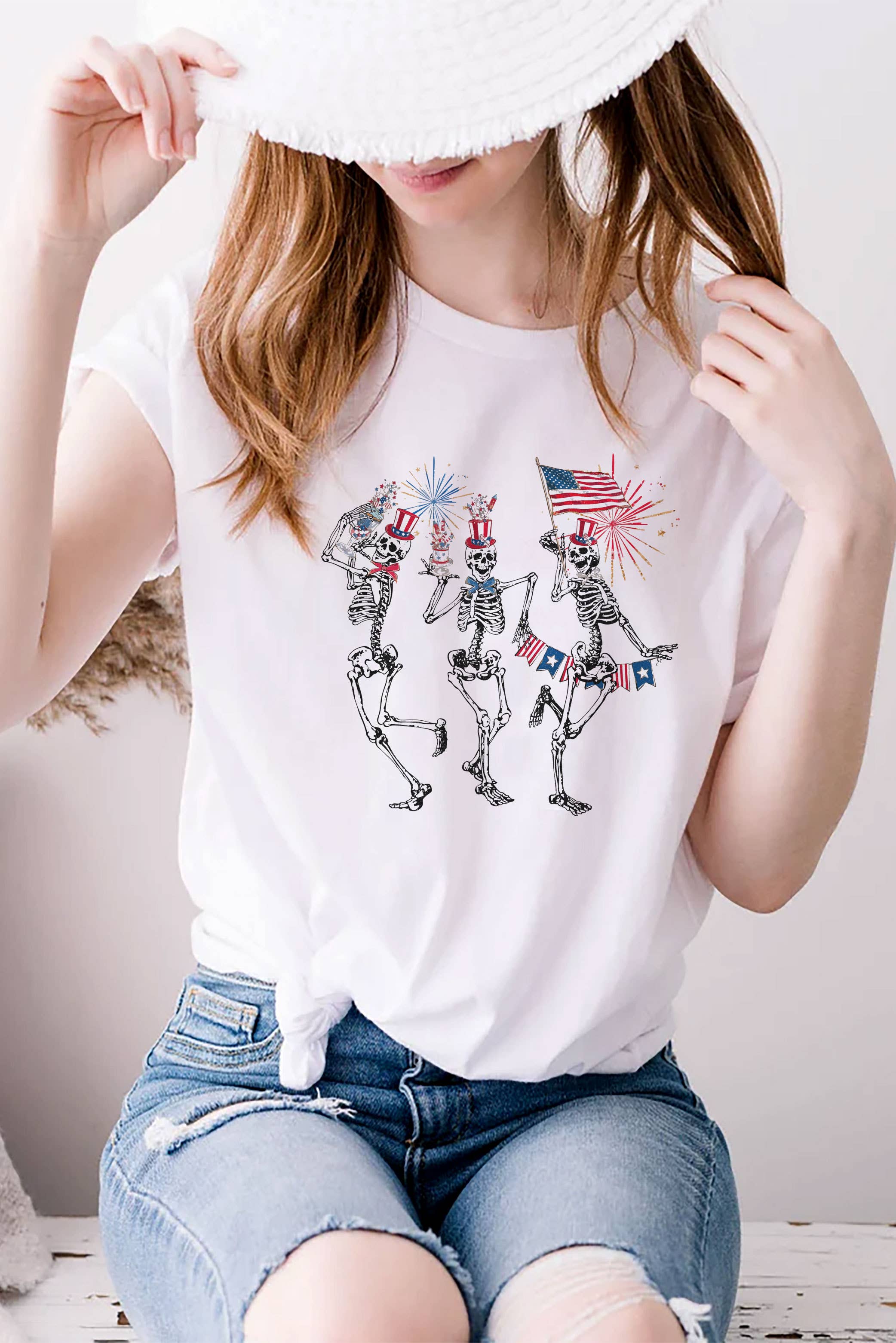Fourth of July Skellies, 4th of July, Unisex Round Neck T-Shirt: L / White