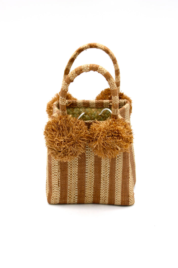 Schooner Straw Mini Bag with Pompom Accent: Black Two Tone Stripe