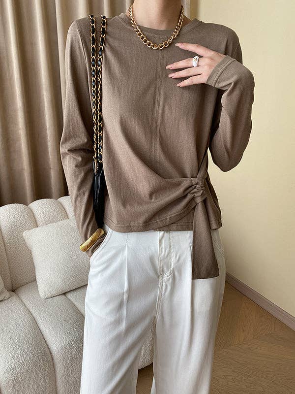 Long Sleeves Asymmetric Bowknot Solid Color Round-Neck T-Shirts Tops: COFFEE / One_size