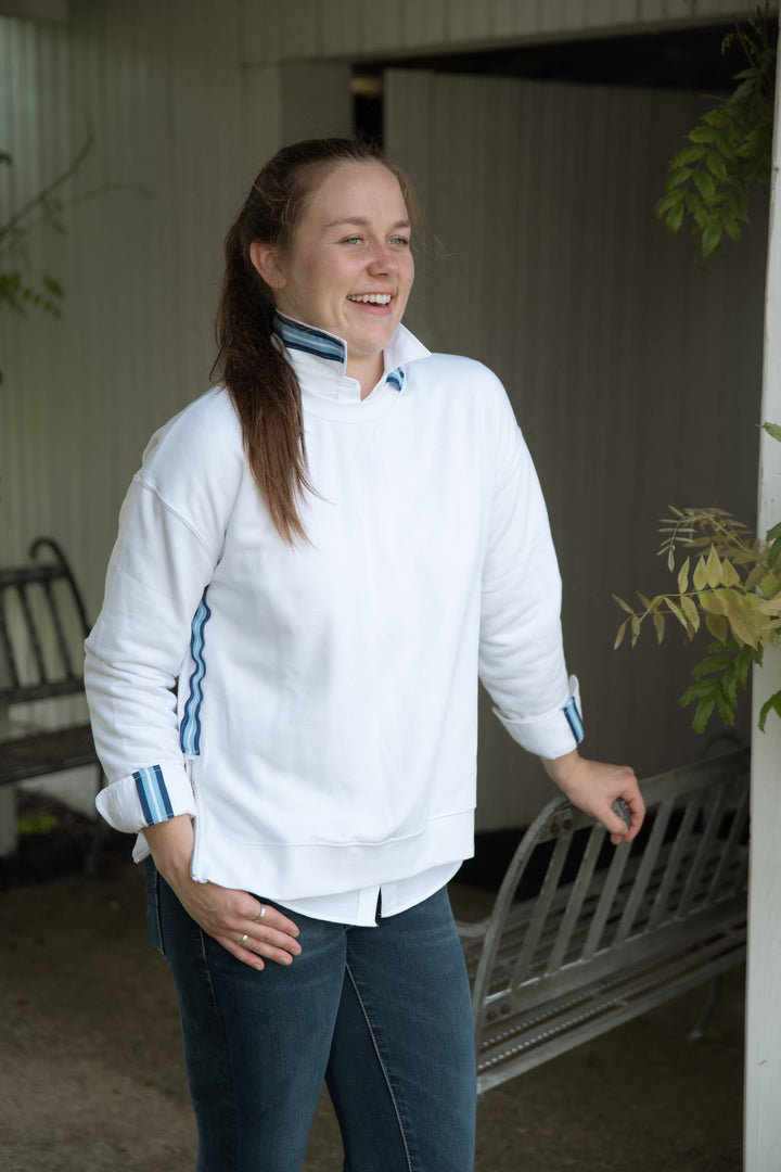 Casie 2 - White Ox w Blue & Lt. Blue Stripe Ribbon: White w Blue & Lt. Blue Stripe Ribbon / M