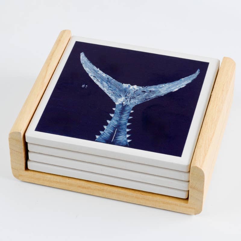 FishAye Navy Coaster – White Tuna Tail Ocean Design: Coasters w/ the wood caddy holder