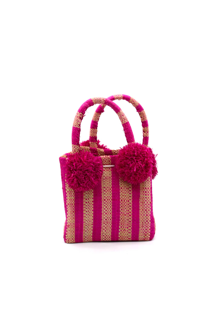Schooner Straw Mini Bag with Pompom Accent: Black Two Tone Stripe