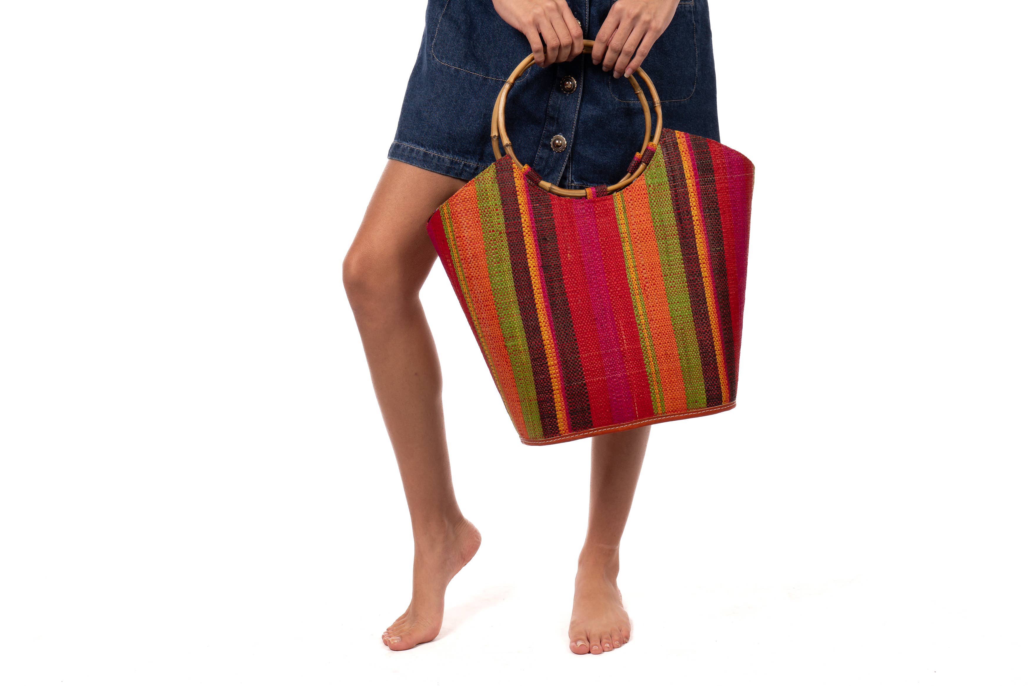 Carmen Straw Bucket Bag with Bamboo Handles: Denim