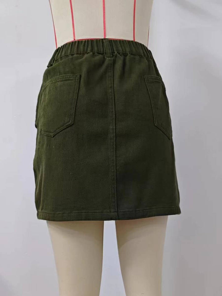 Elastic waist colored high rise cargo denim mini skirt: Beige / L