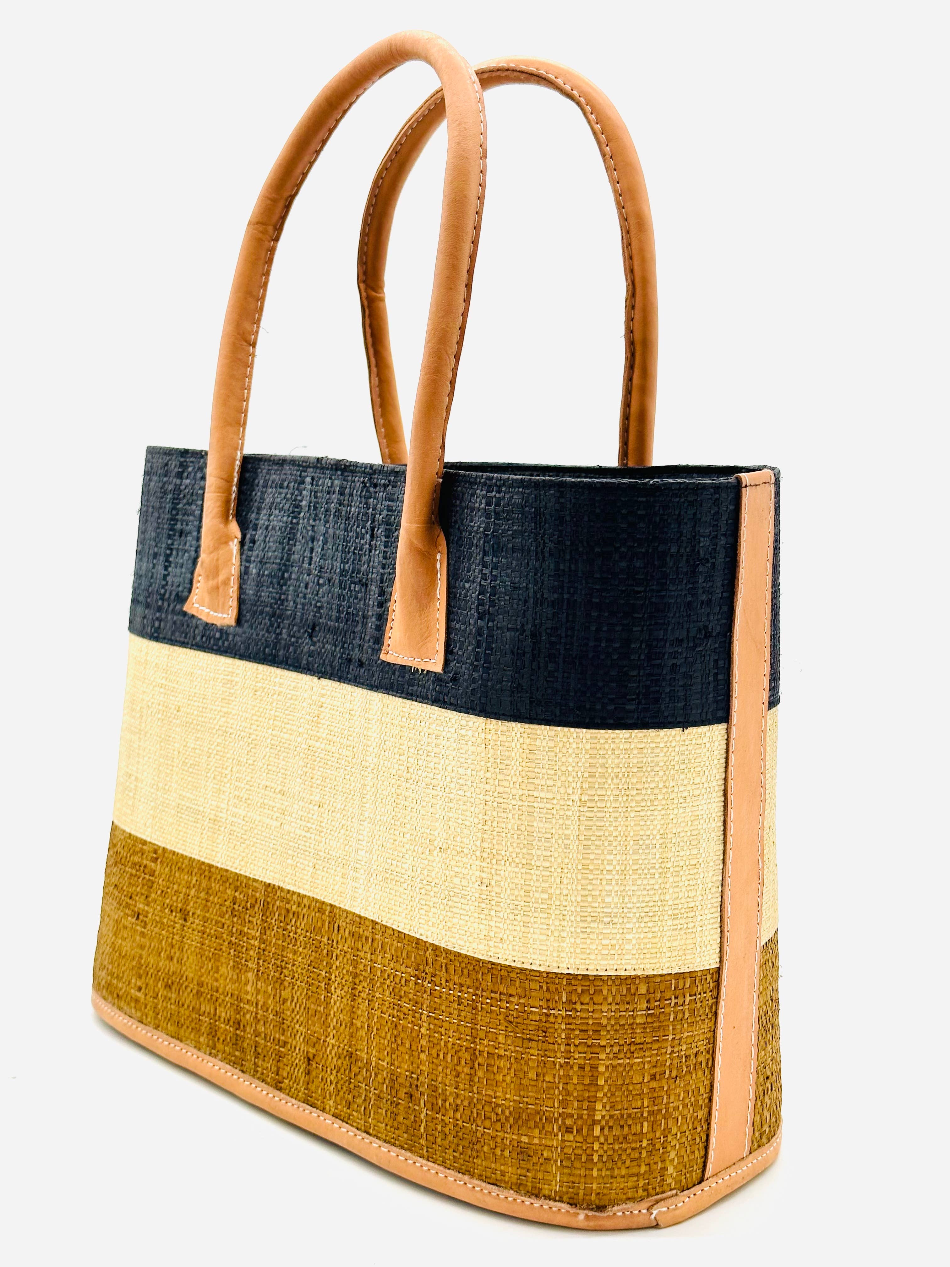 Santorini Color Block Straw Basket Bag Handbag: Small / Tobacco & Black
