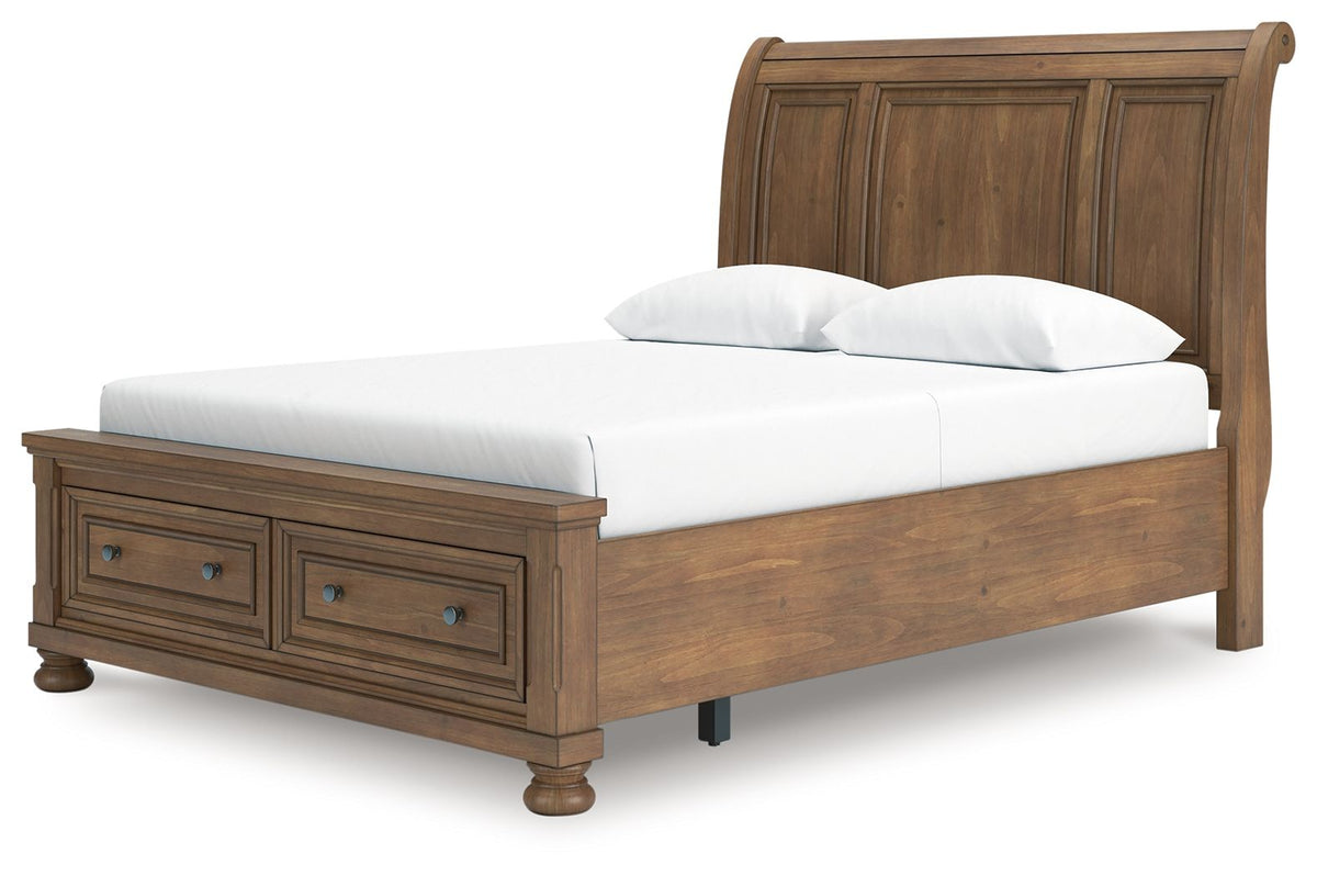 Feddinger - 3 Pc. - Queen Sleigh Storage Bed, Dresser And Mirror - Medium Brown
