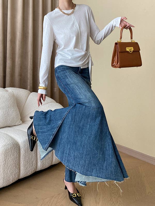 Long Sleeves Asymmetric Bowknot Solid Color Round-Neck T-Shirts Tops: COFFEE / One_size