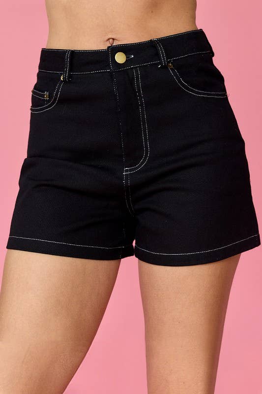 PP18183 - Mila Contrasting Stitch Denim Shorts: M / Black/White