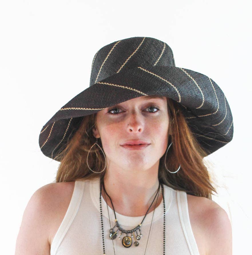 5" & 7" Wide Brim Pinstripe Packable Straw Sun Hats: Brights Multicolor Pinstripes / 7" Brim