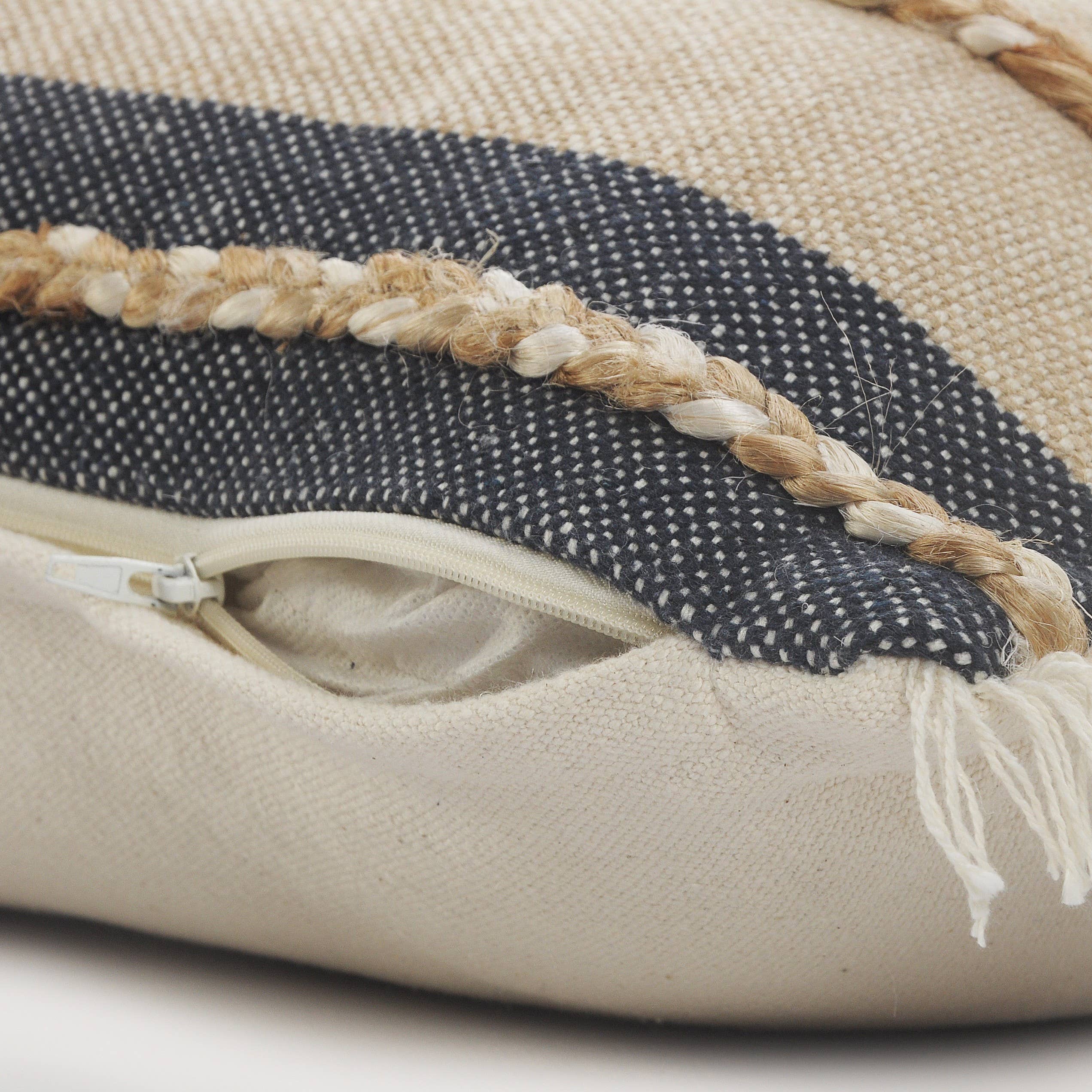 Atlantis Denim Blue and Taupe Throw Pillow with Jute: 20" x 20" / Poly Filled
