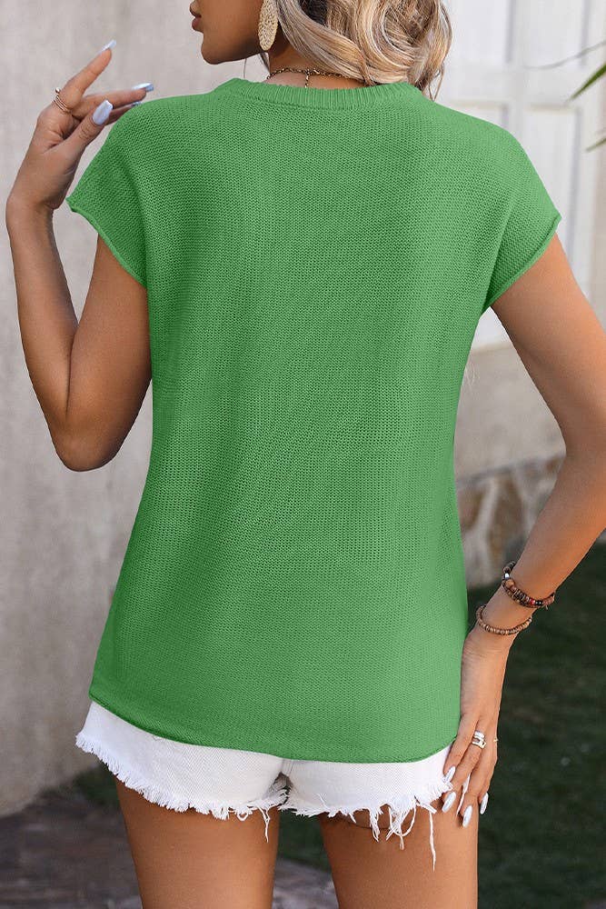 Plain Exposed Seam Knit Round Neck Short Sleeves Top MD114: Black / M