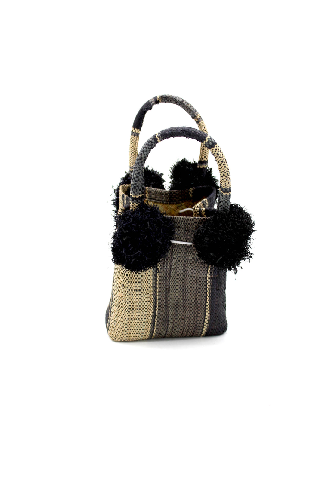 Schooner Straw Mini Bag with Pompom Accent: Black Two Tone Stripe