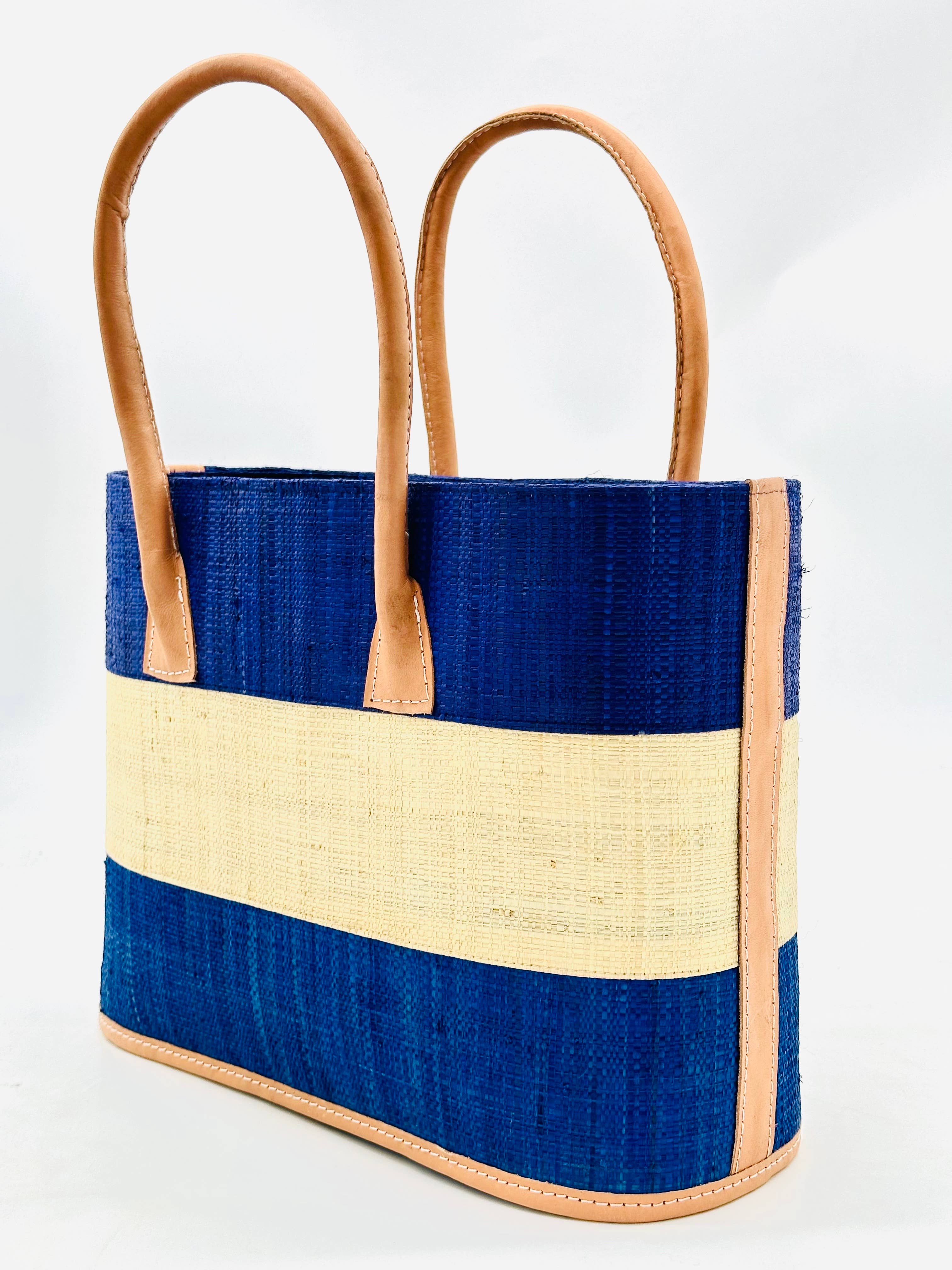 Santorini Color Block Straw Basket Bag Handbag: Small / Tobacco & Black