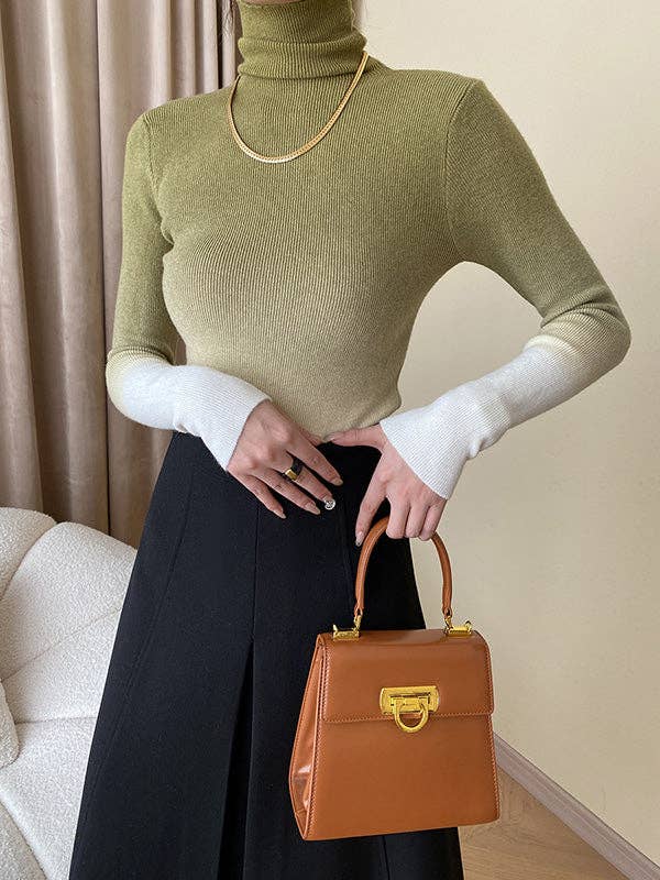 Long Sleeves Skinny Gradient High-Neck Pullovers Sweater Tops: CAMEL / One_size