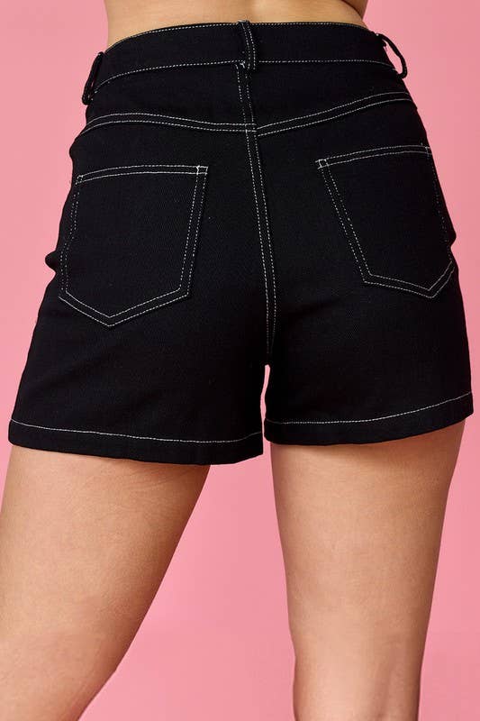 PP18183 - Mila Contrasting Stitch Denim Shorts: L / Black/White