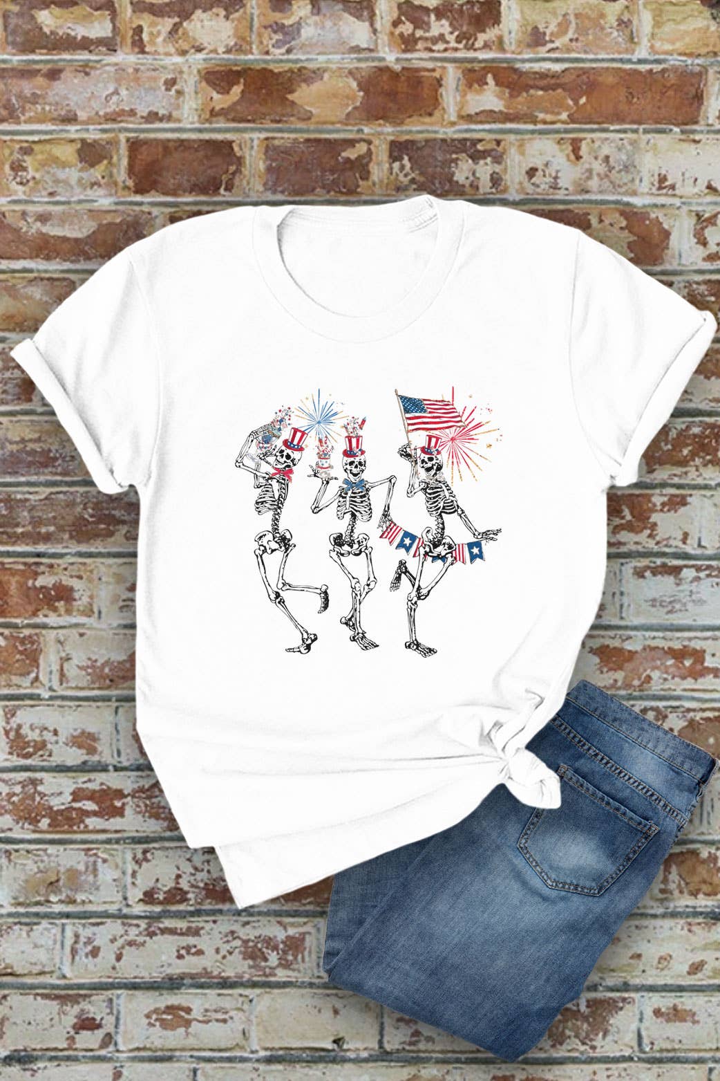 Fourth of July Skellies, 4th of July, Unisex Round Neck T-Shirt: M / White