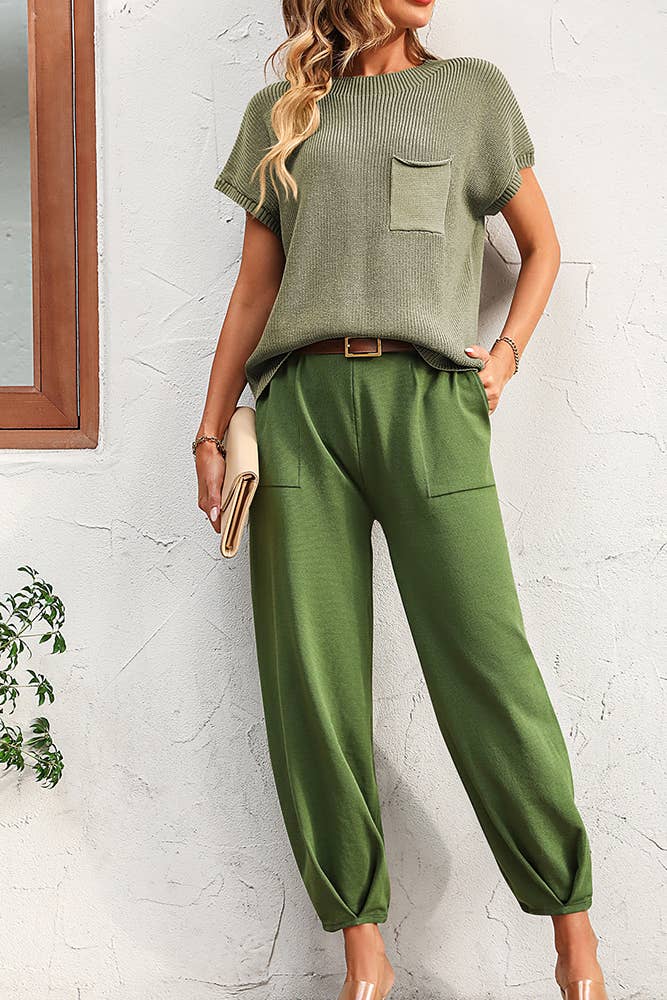 Plain Pocket Knit Top With Joggers 2pcs Pant Set MD092: Black / S