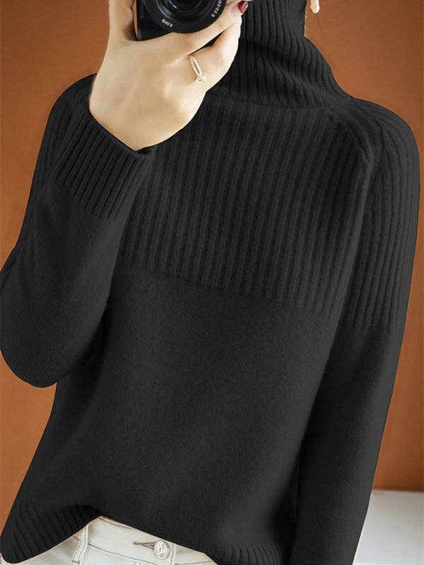 Casual Long Sleeves Loose Solid Color High-Neck Sweater Tops: GRAY / M