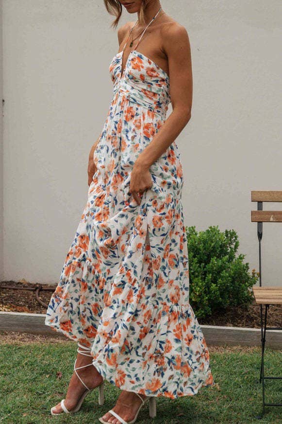 Plunge halter backless floral swing maxi sun dress: Orange / M