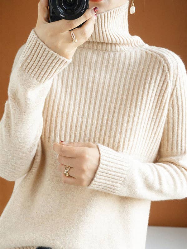 Casual Long Sleeves Loose Solid Color High-Neck Sweater Tops: GRAY / M