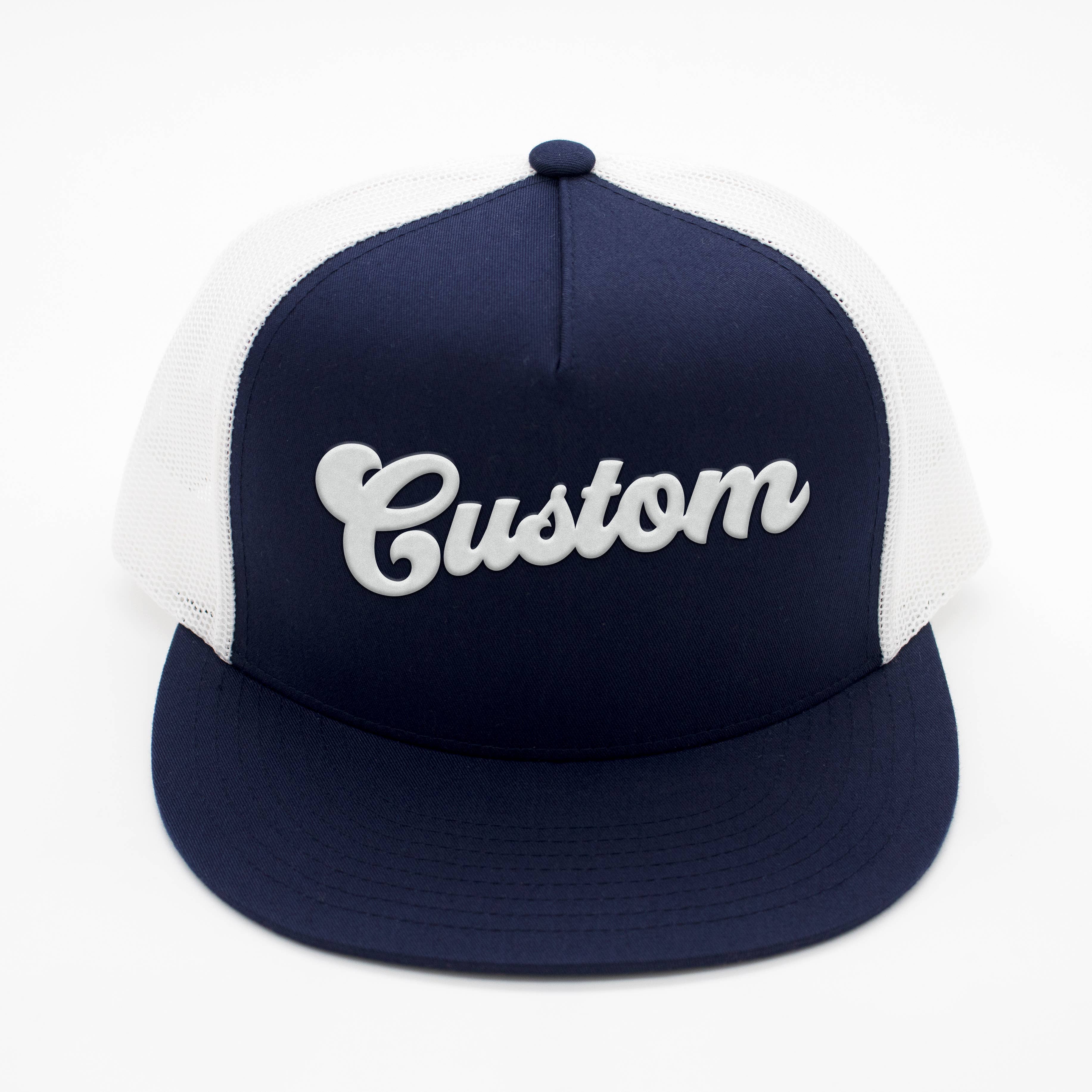 CUSTOM TEXT Raised Print Snapback Trucker Hats: All Black / White