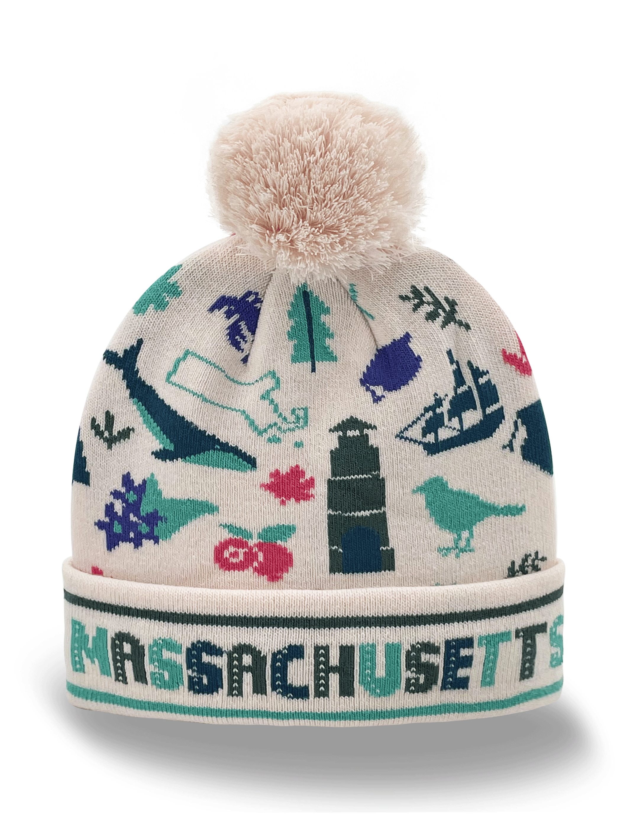 Massachusetts Knit Beanie Hat with Whale Lighthouse Bird Leaf Pattern Winter Pom Pom Beanie