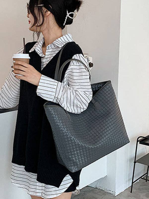 Solid Color Split-Joint Woven Bags Handbags Shoulder Bags Tote Bags: GRAY / One_size