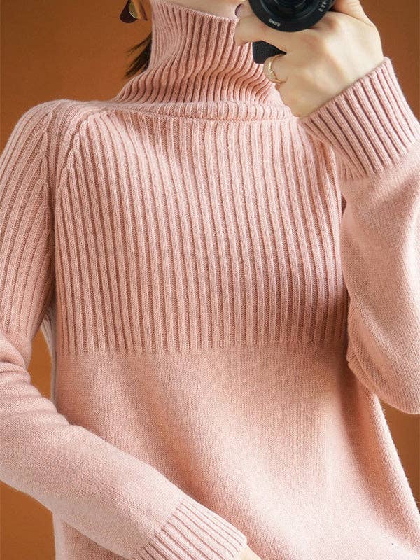 Casual Long Sleeves Loose Solid Color High-Neck Sweater Tops: GRAY / M