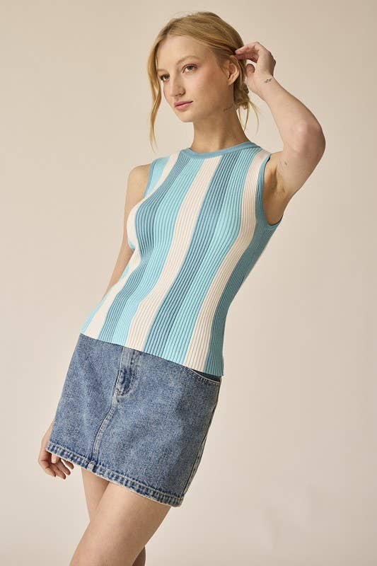 PT18139 - Isabella Striped Rib Knit Top: M / Blue