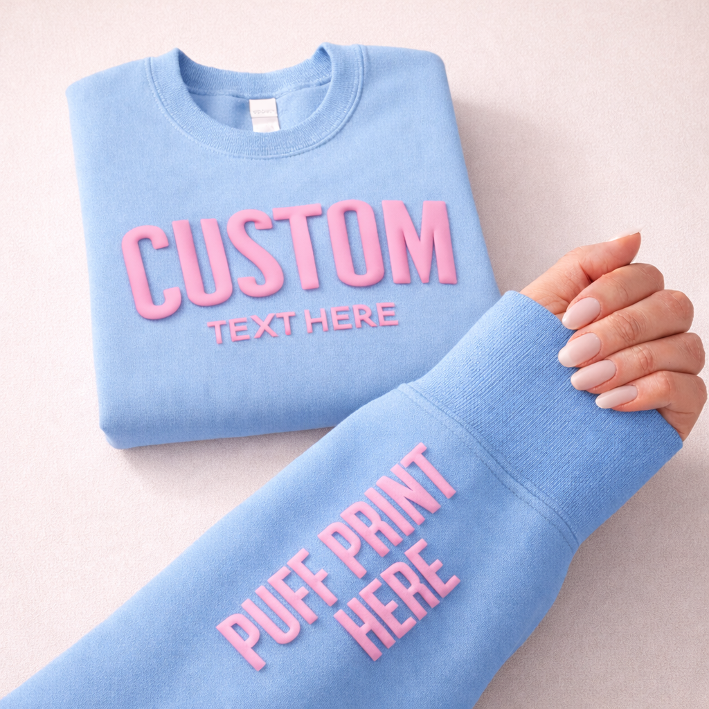 CUSTOM Wrist Sleeve & Front Puff Print Unisex Sweatshirt: Black / White / 2XL