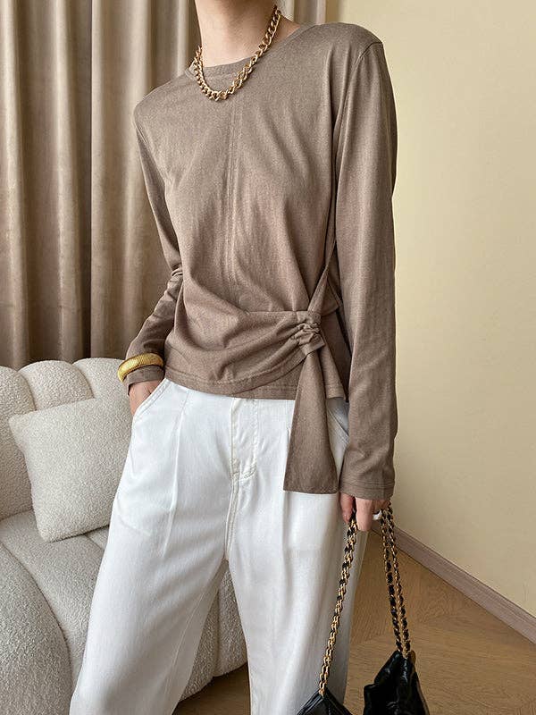 Long Sleeves Asymmetric Bowknot Solid Color Round-Neck T-Shirts Tops: BLACK / One_size