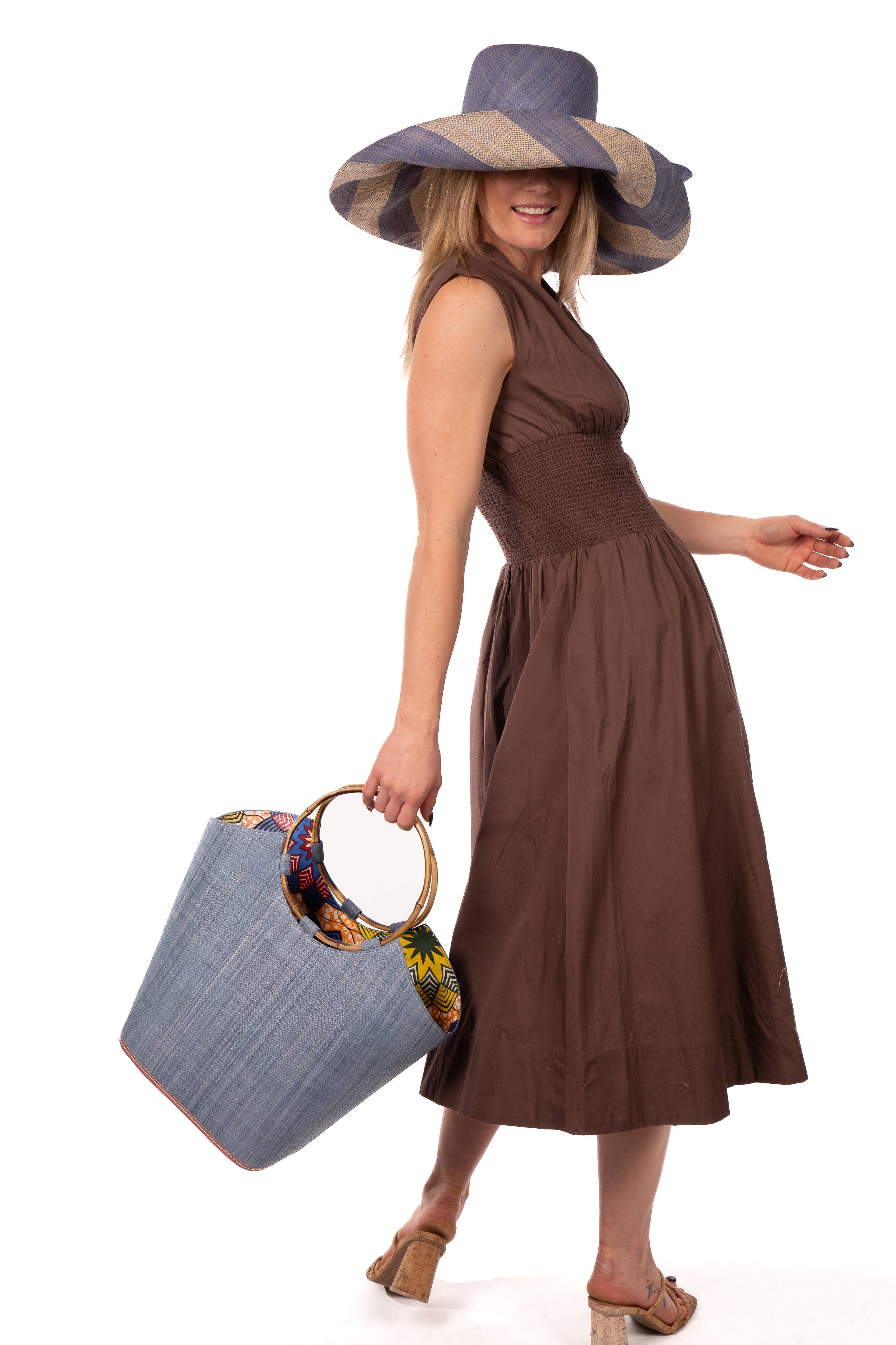 Carmen Straw Bucket Bag with Bamboo Handles: Denim