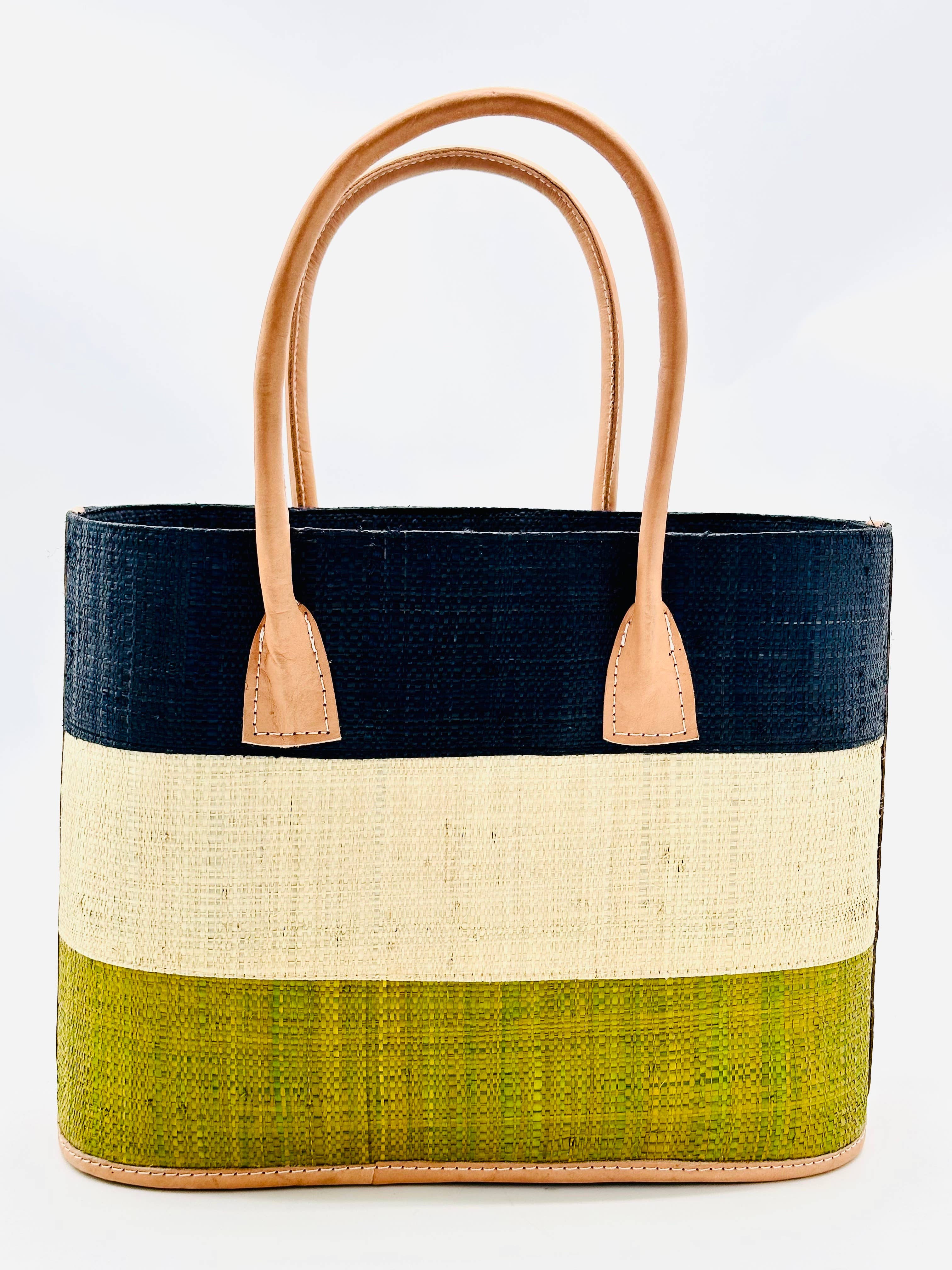 Santorini Color Block Straw Basket Bag Handbag: Small / Tobacco & Black