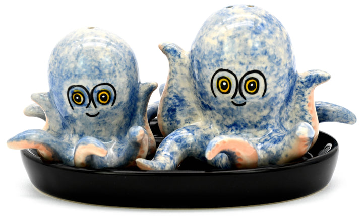 SP918 SALT AND PEPPER SHAKER Octopus and black ceramic tray
