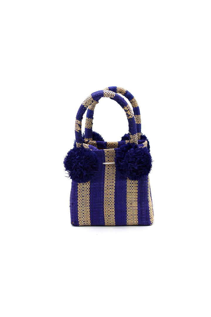Schooner Straw Mini Bag with Pompom Accent: Black Two Tone Stripe