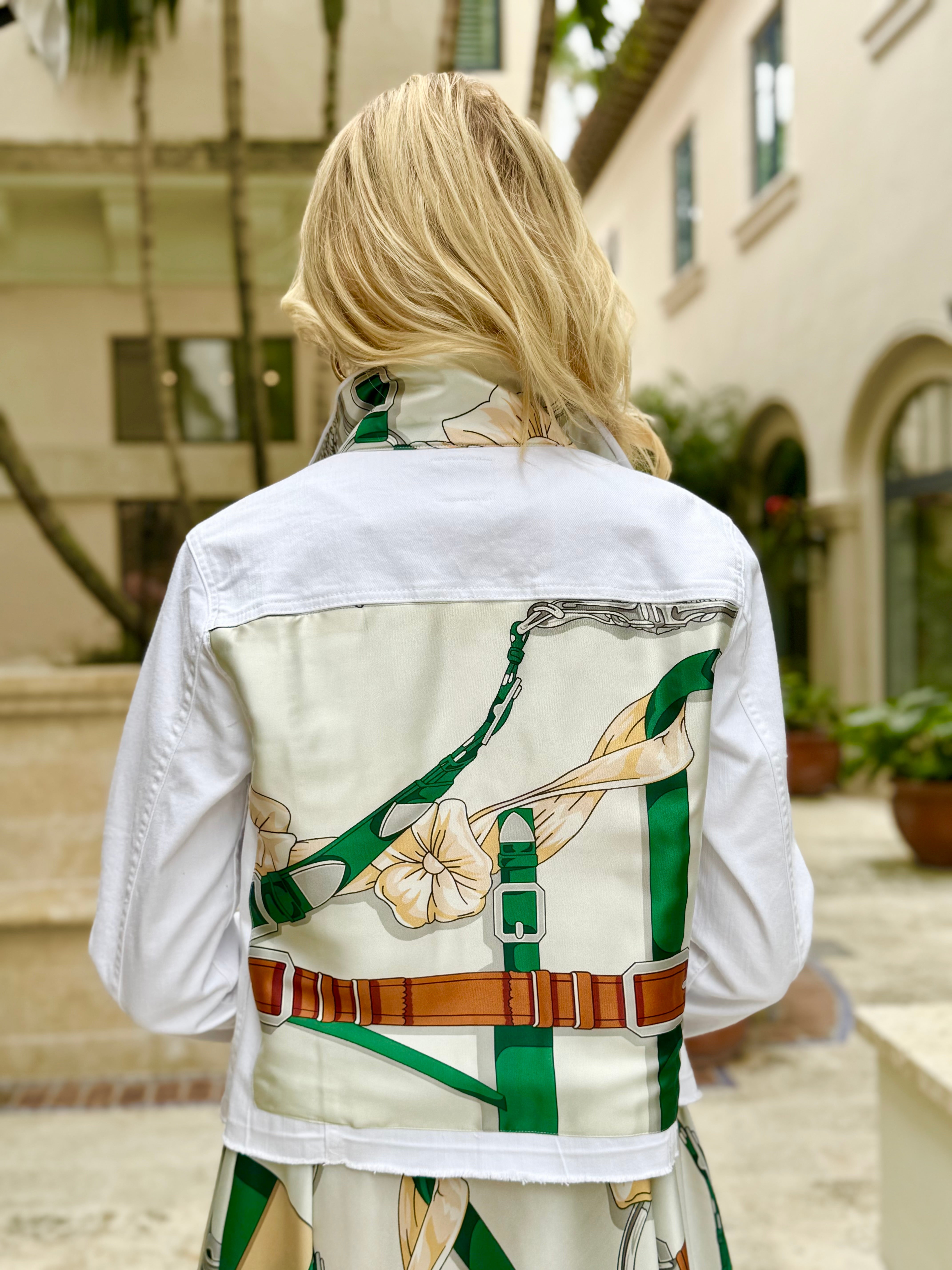 The White Denim Jacket / Green Strap and Buckle