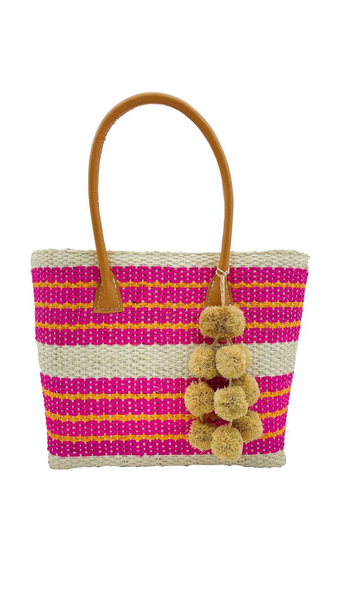 Imperial Sisal Basket Bag with Waterfall Pompoms- 2 sizes: Blue Stripes / Small