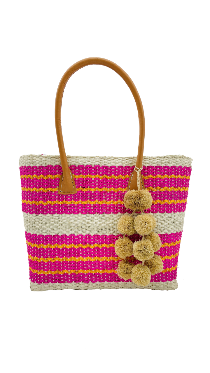 Imperial Sisal Basket Bag with Waterfall Pompoms- 2 sizes: Blue Stripes / Small