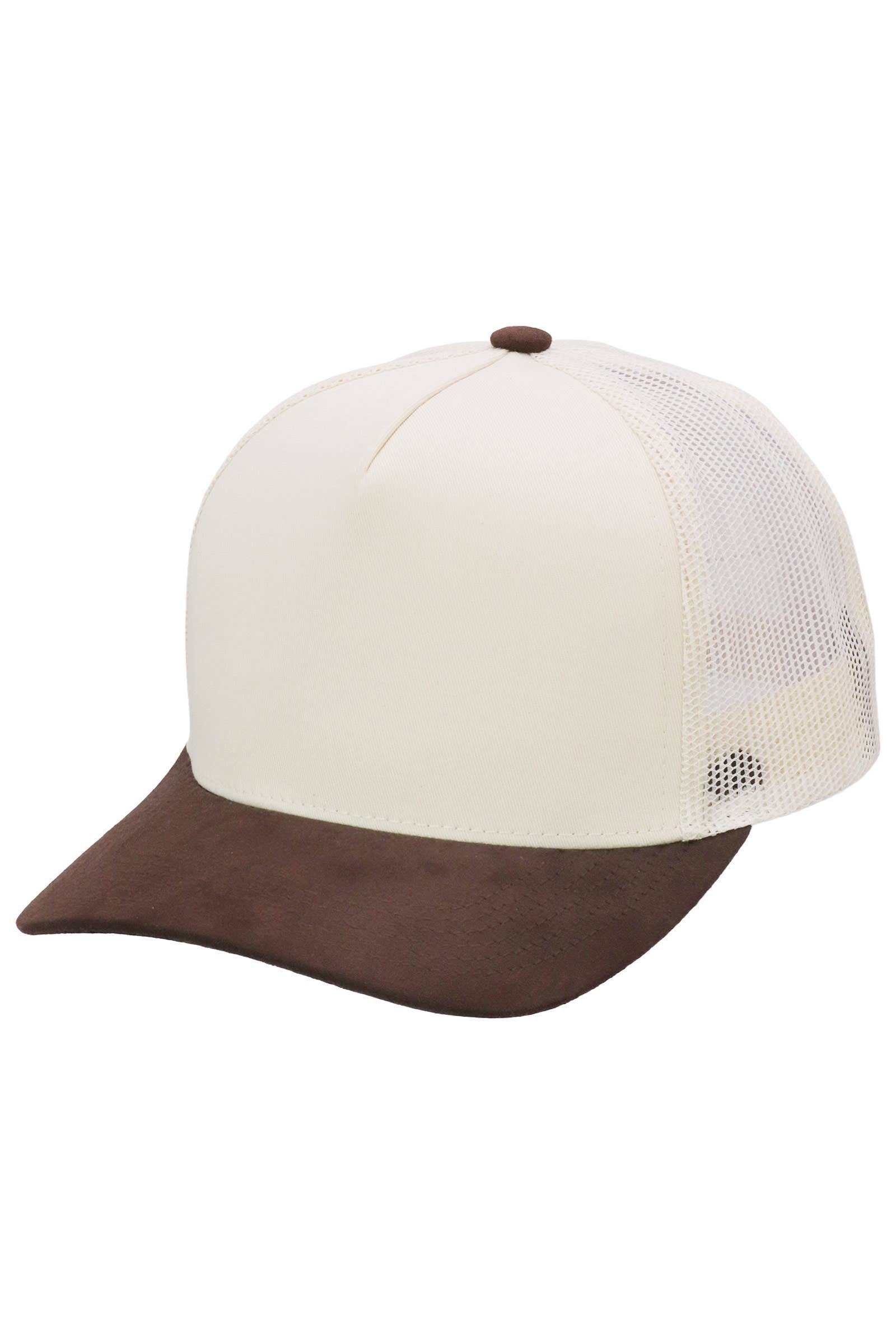 Vegan Suede 5 Panel Snap Back Trucker Hat: BEIGE/BLACK / ONE SIZE