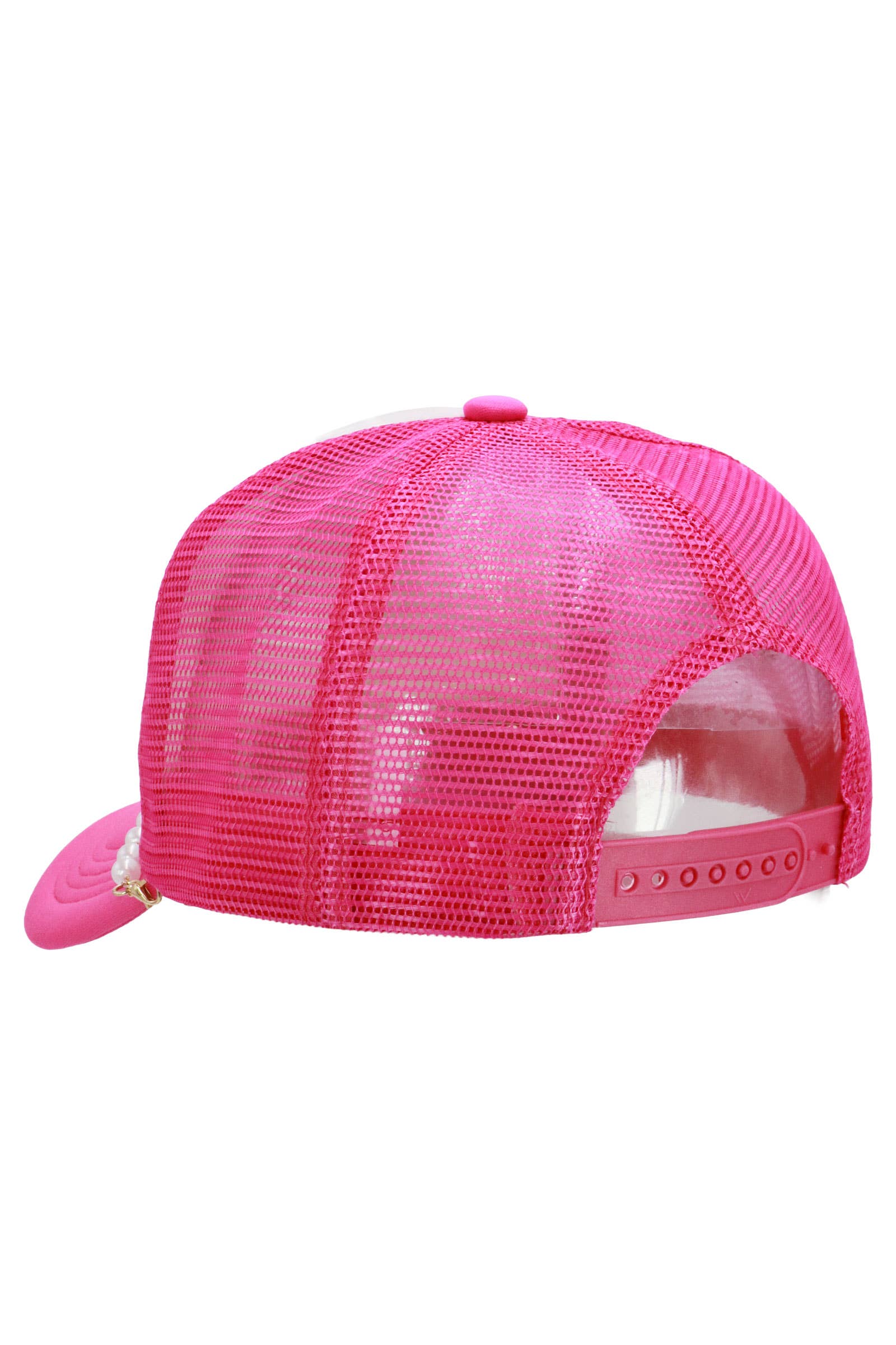 Faux Pearl Chain Foam Mesh Trucker Hat: WHITE/HOT PINK / ONE SIZE