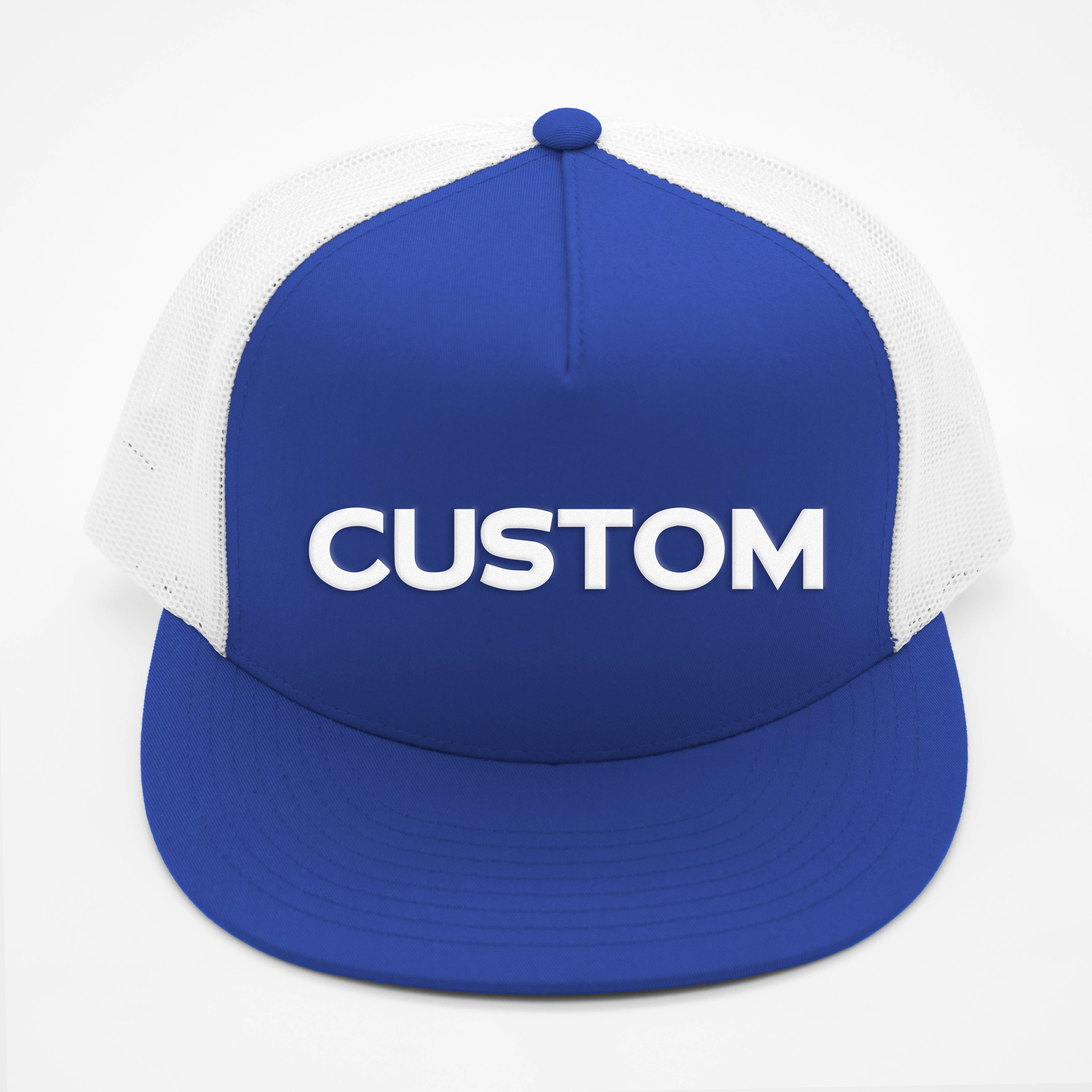 CUSTOM TEXT Raised Print Snapback Trucker Hats: All Black / White