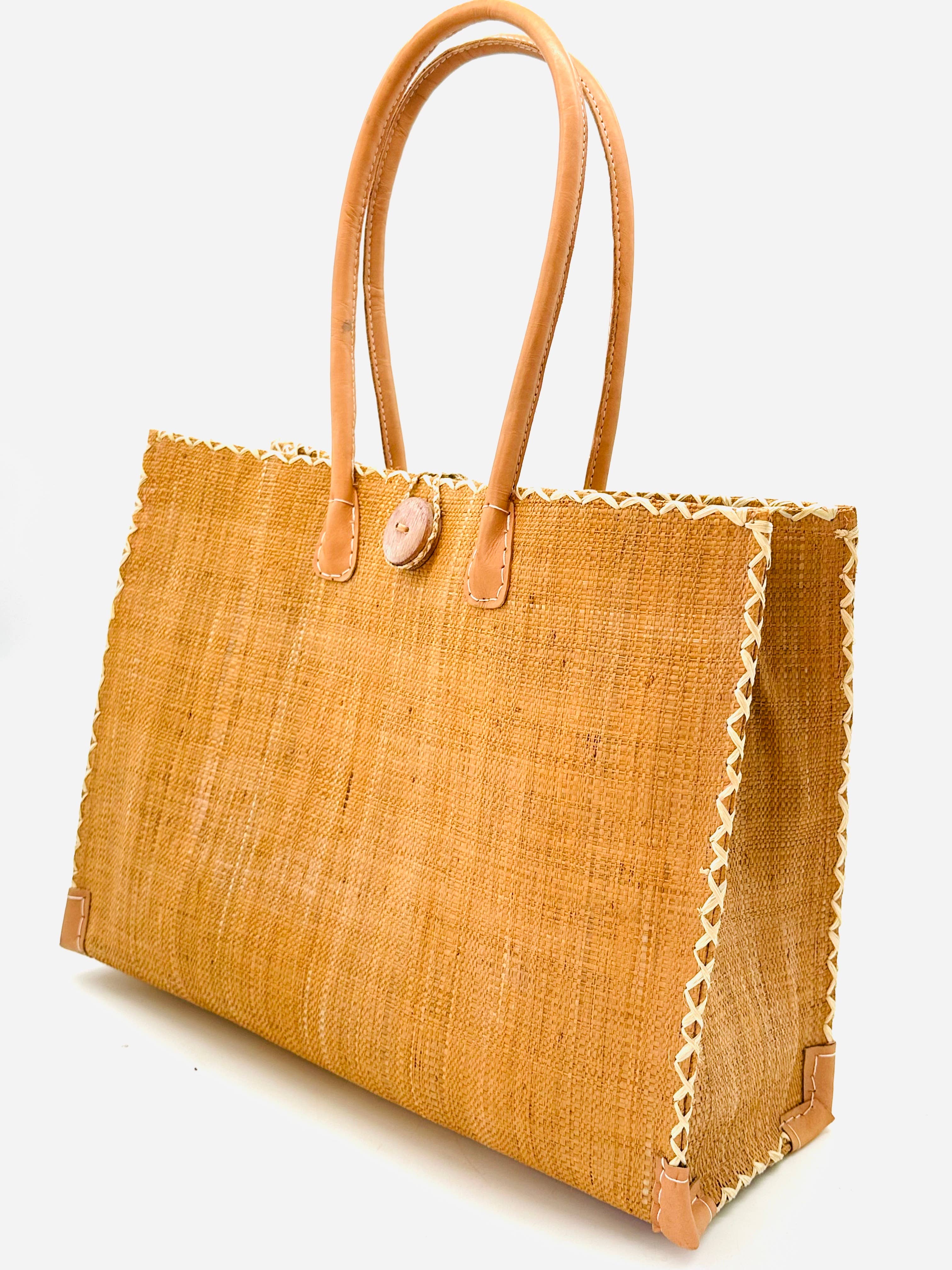 Zafran Solid Straw Beach Bag with Plastic Liner - 2 Sizes: Large / Fuschia