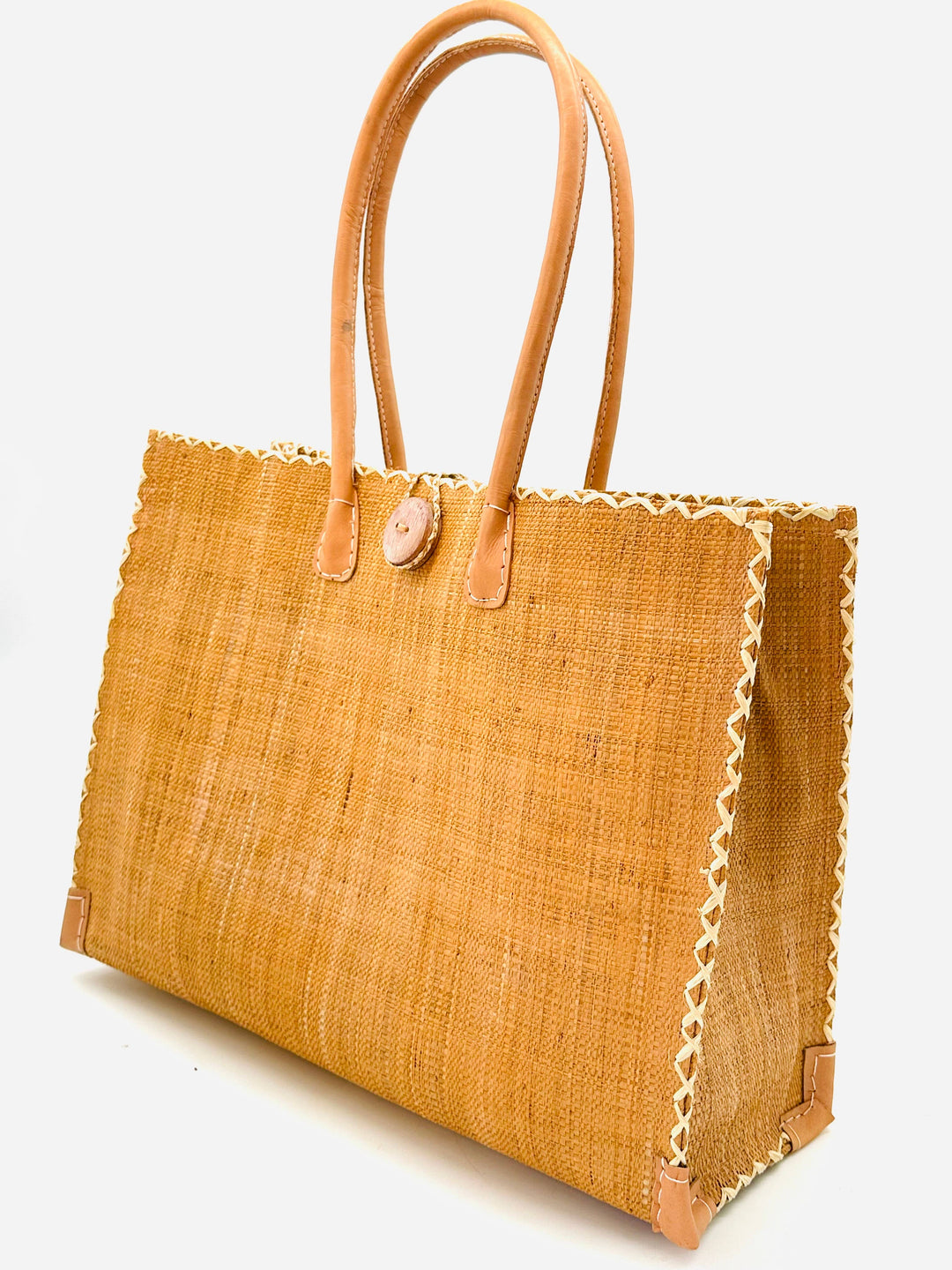 Zafran Solid Straw Beach Bag with Plastic Liner - 2 Sizes: Large / Saffron