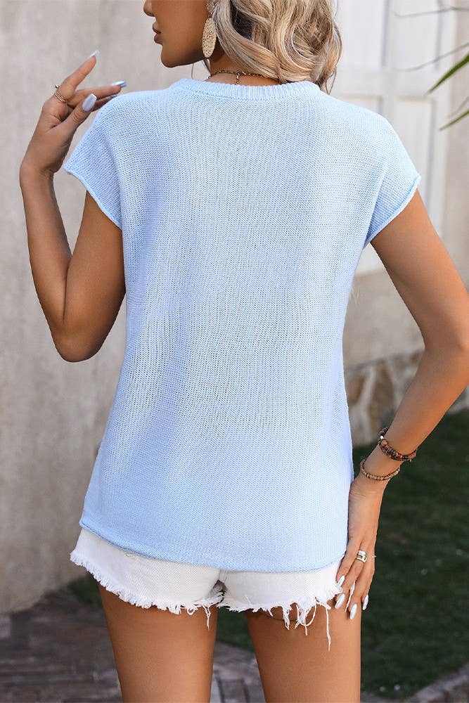 Plain Exposed Seam Knit Round Neck Short Sleeves Top MD114: Black / S