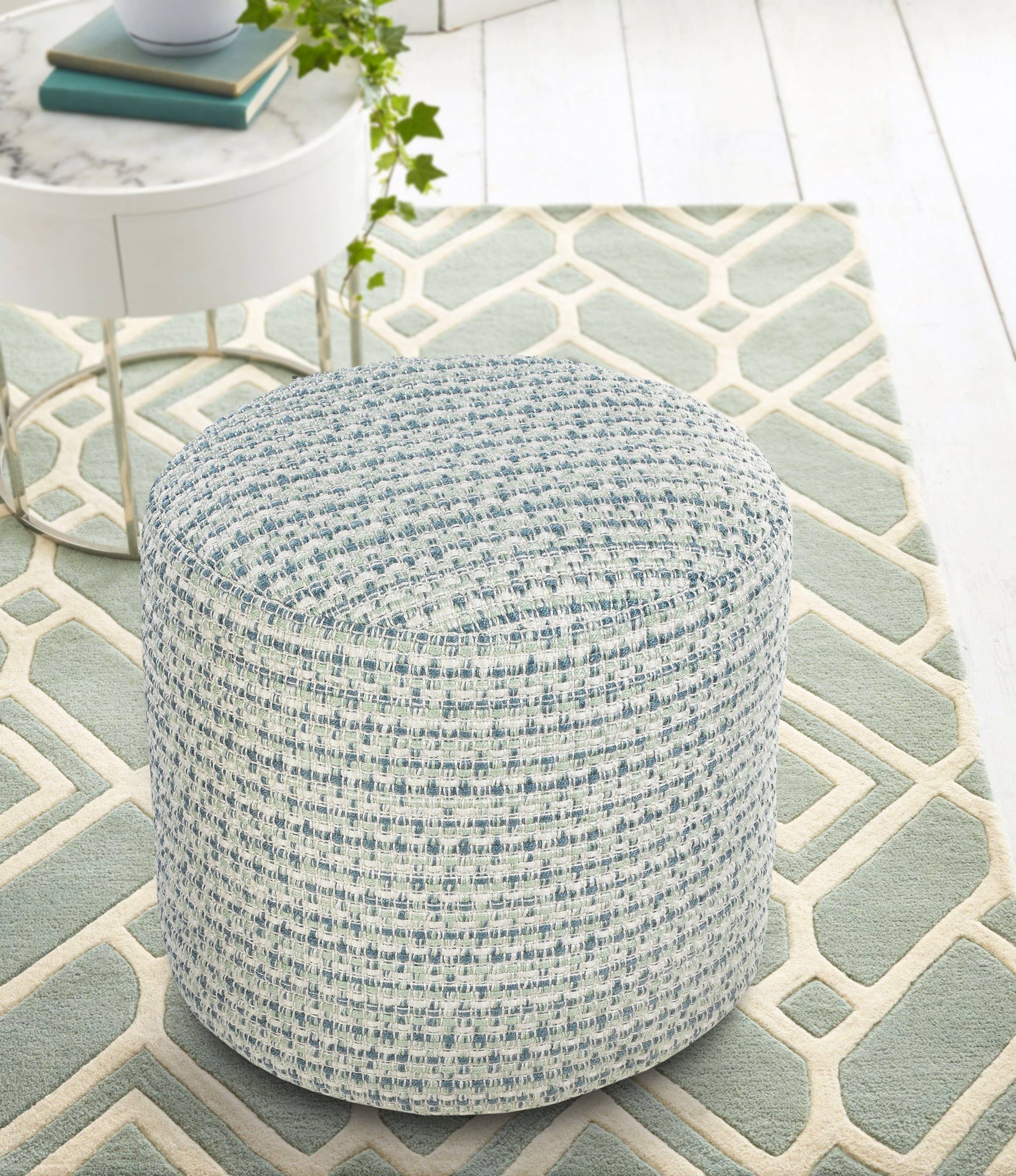 Interwoven Cylinder Multi-Color Indoor Outdoor Pouf: Blue/Green/White