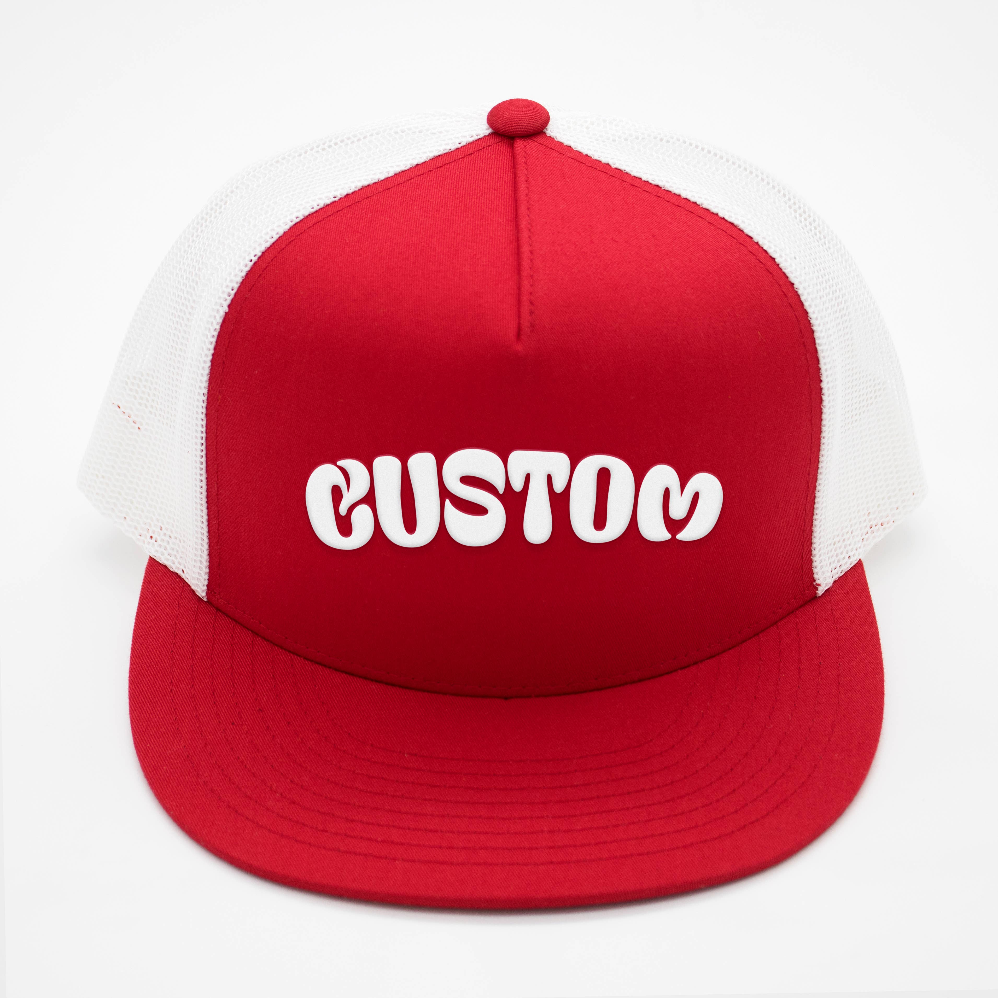 CUSTOM TEXT Raised Print Snapback Trucker Hats: All Black / White