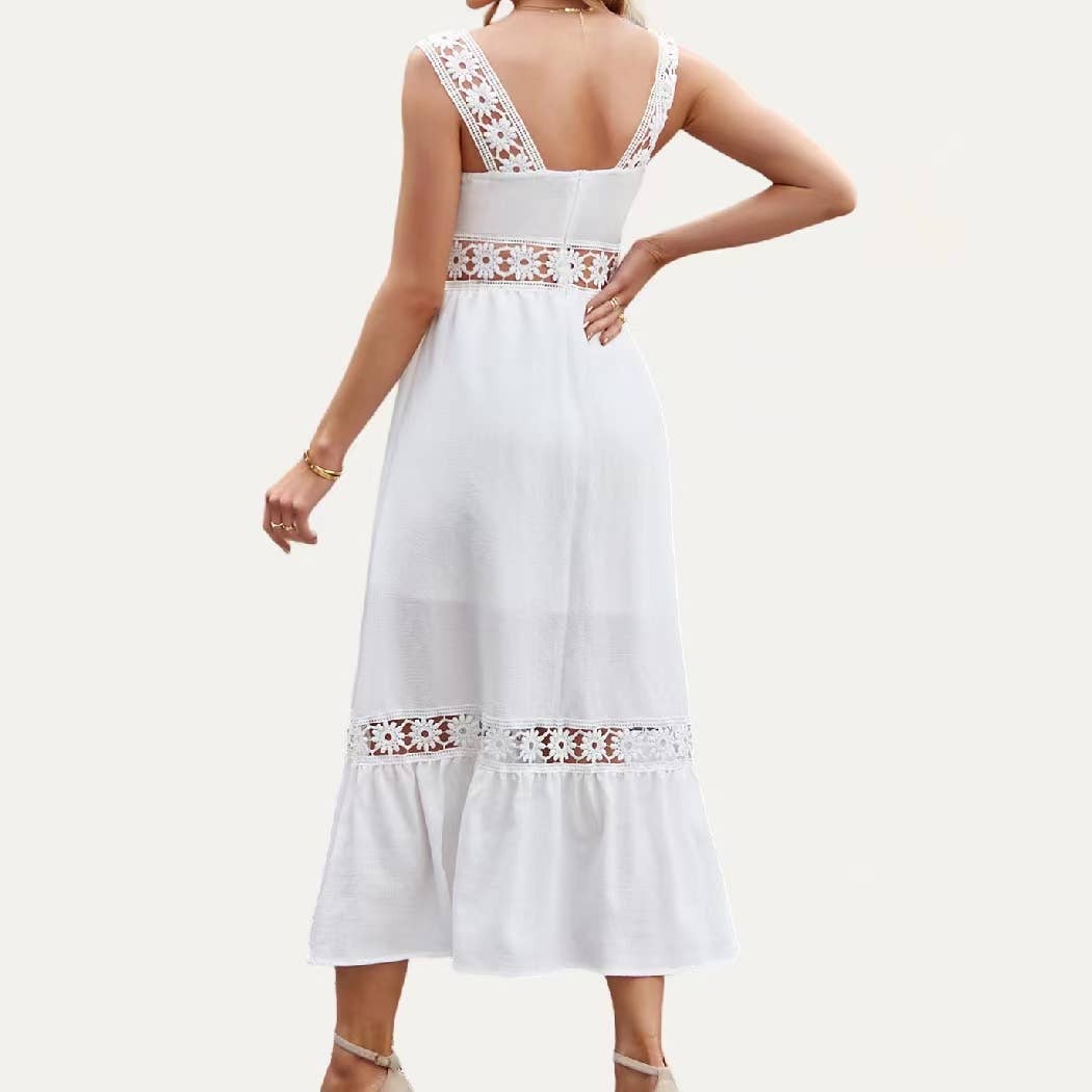 Godness Crocheat Wide Straps Sleeveless Maxi Dress: WHITE / L