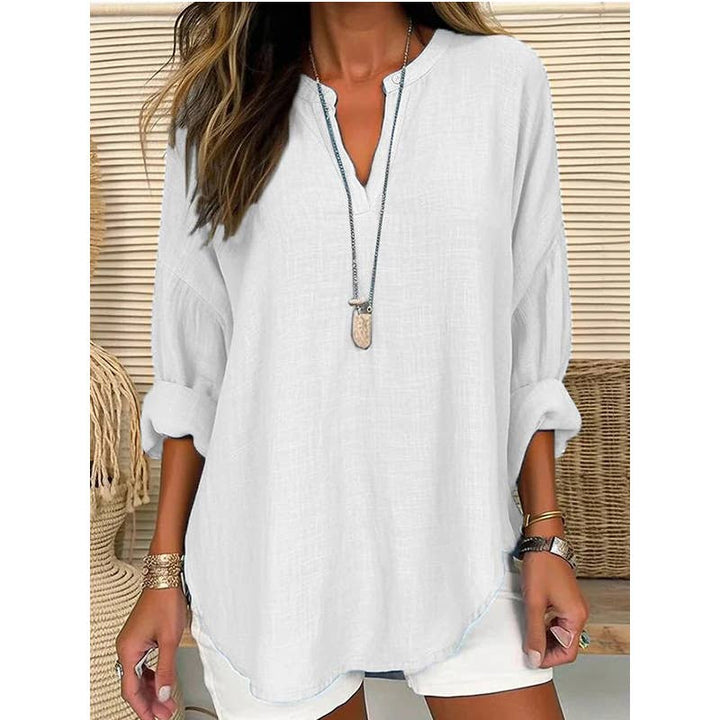 CWTBLL0260_Blouse Linen Long Sleeve Casual V Neck Top: White / (L) 1