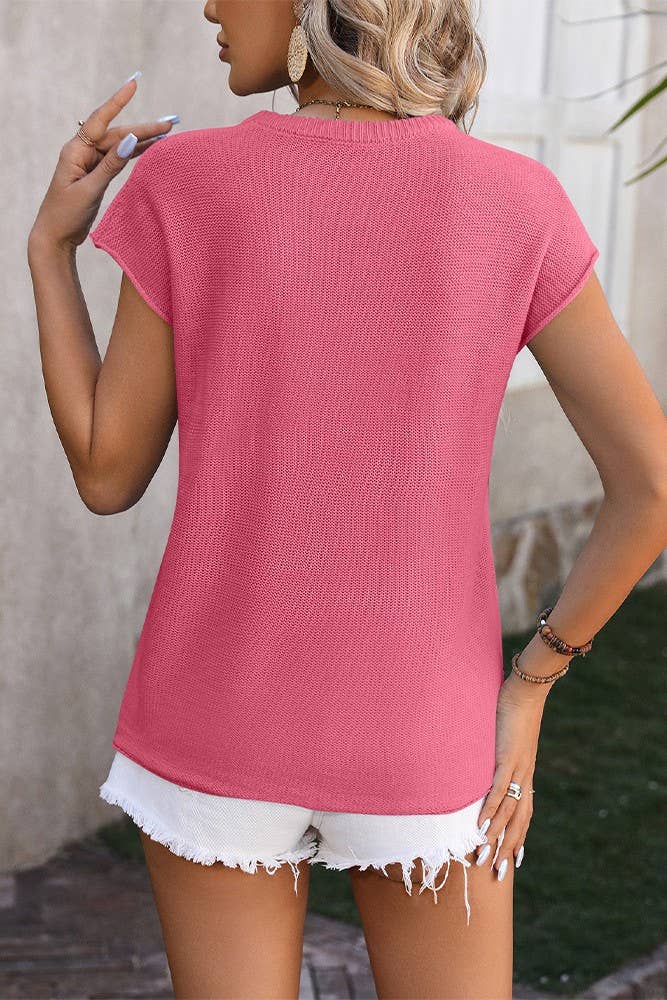 Plain Exposed Seam Knit Round Neck Short Sleeves Top MD114: Black / S