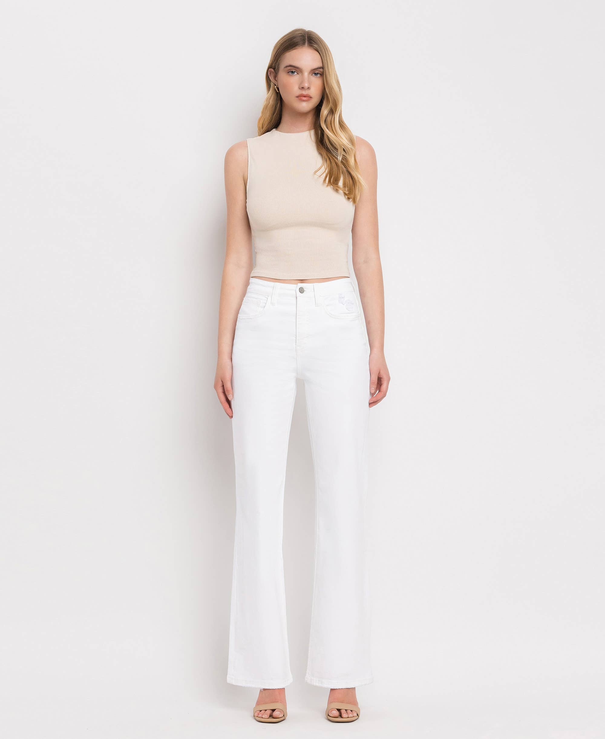 90'S VINTAGE TUMMY CONTROL SUPER HIGH FLARE JEANS V3212WH: OPTIC WHITE / 26